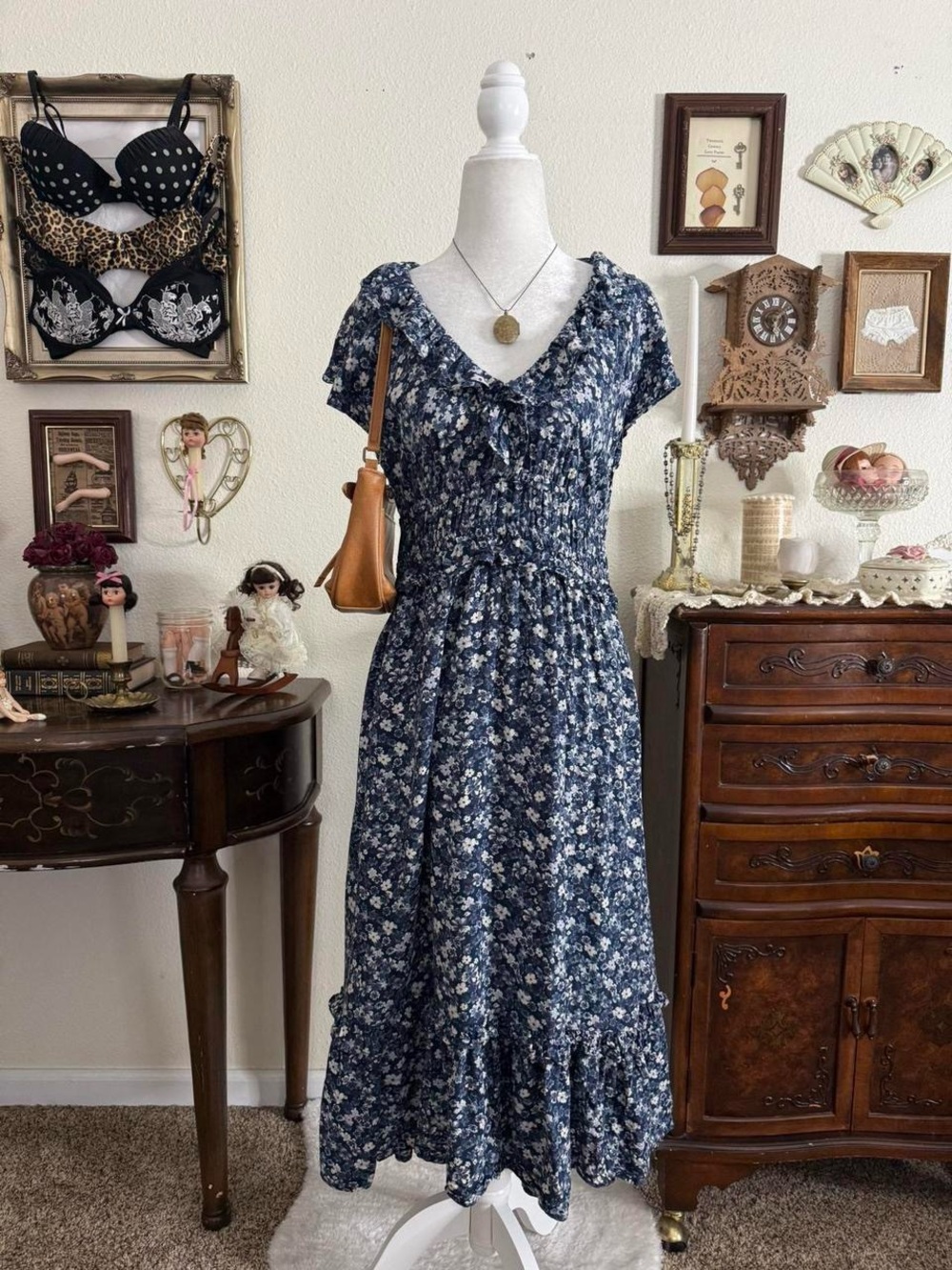 Dainty cottagecore prairie blue and white floral ruffled midi dress